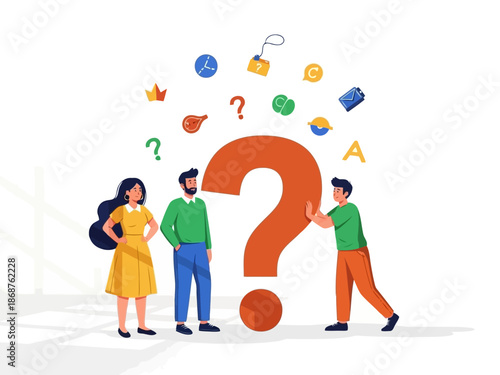 Three people standing around a large question mark with symbols floating above it