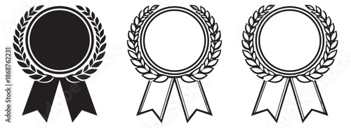 Black and white line art award badges set featuring laurel wreaths and ribbons for victory and success