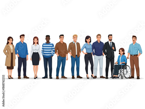 A diverse group of people standing in a line on an isolated