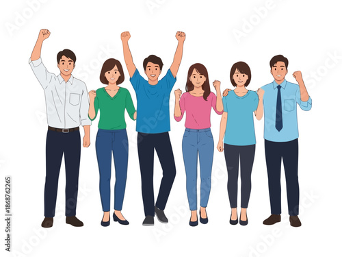 A group of happy people standing with their arms raised in celebration