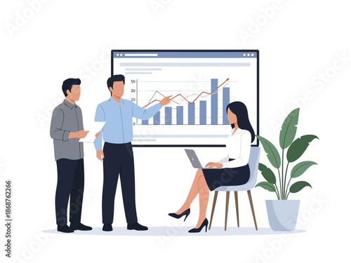 A man and woman standing in front of a large computer monitor with a graph on it