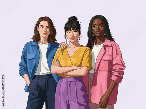 Three young women in colorful clothes standing together on light purple background