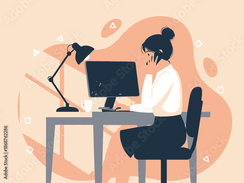 Woman sitting at desk with computer and lamp on peach background