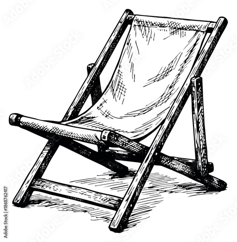 Hand drawn line art illustration of a deckchair depicting summer relaxation for travel and leisure concepts