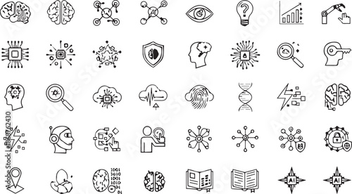 Artificial Intelligence and Future Technology Icon Set – Hand Drawn Vector Symbols of Cybernetics, Machine Learning, and Digital Innovation