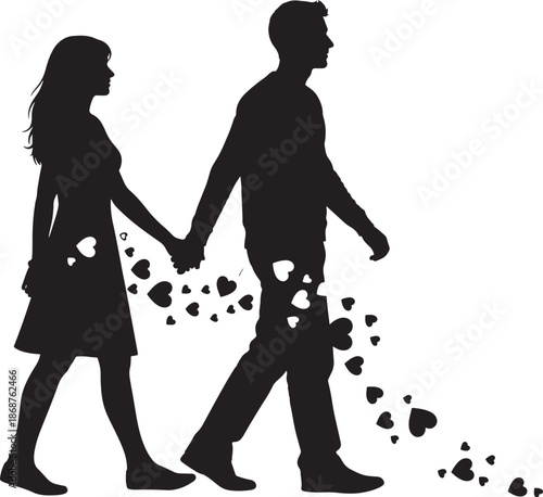 Black silhouette vector of romantic couple walking hand in hand with hearts trailing behind, symbolizing love and emotional expression