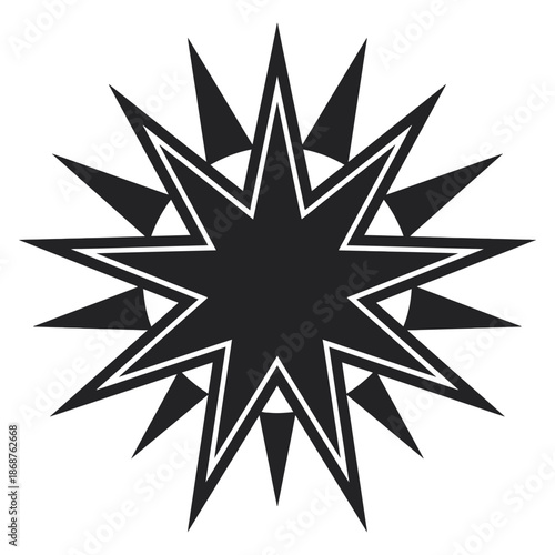 Intricate monochrome starburst design with sharp, radiating points, a striking graphic element for abstract art and modern decorations