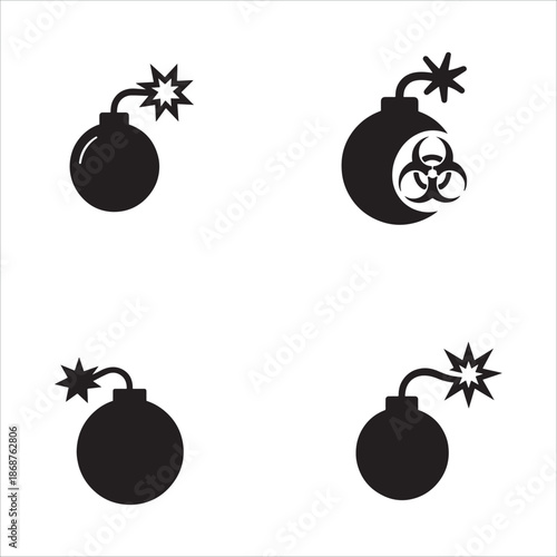 Set of Bomb Icons with Explosion Symbols and Biohazard Sign