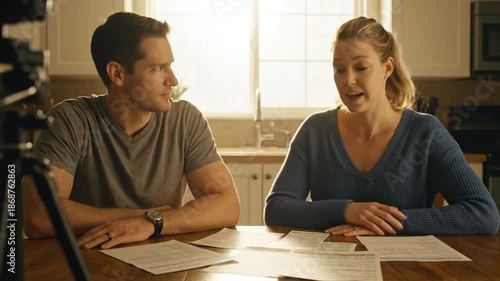 Couple reviewing documents together in modern kitchen setting