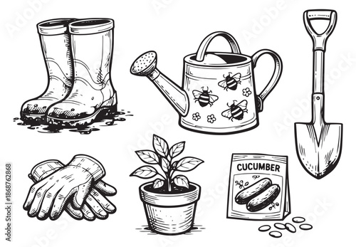Hand drawn line art gardening set featuring rubber boots, a watering can, a shovel, gloves, a potted plant, and a seed packet for spring planting