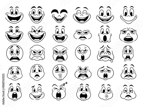 Diverse Set of 30 Cartoon Face Expressions on Black Background emotion mouth