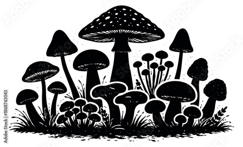 Hand drawn silhouette mushroom set featuring a variety of fungi with grass for nature and forest designs