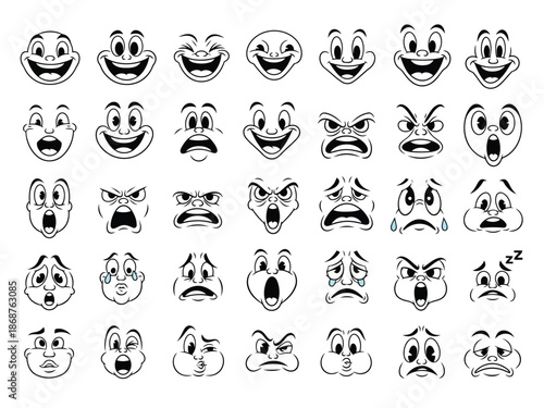 Assortment of 30 Cartoon Face Expressions on Black Background emotion mouth