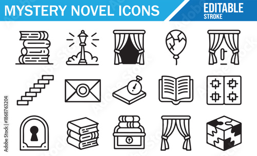 Detective Story Icon Set. Vector Line Art with Books, Clues, and Mystery Symbols.