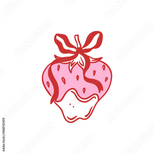 Strawberry dipped in chocolate with pink frosting and red ribbon bow. Hand drawn vector illustration of delicious fruit. Love, sweetness, and Valentine's Day design. Greeting card, invitation, poster.