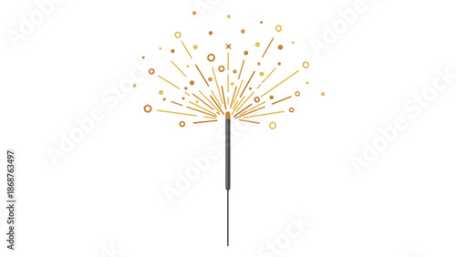 A stylized illustration of a firework exploding in a vibrant display of colorful sparks and lights