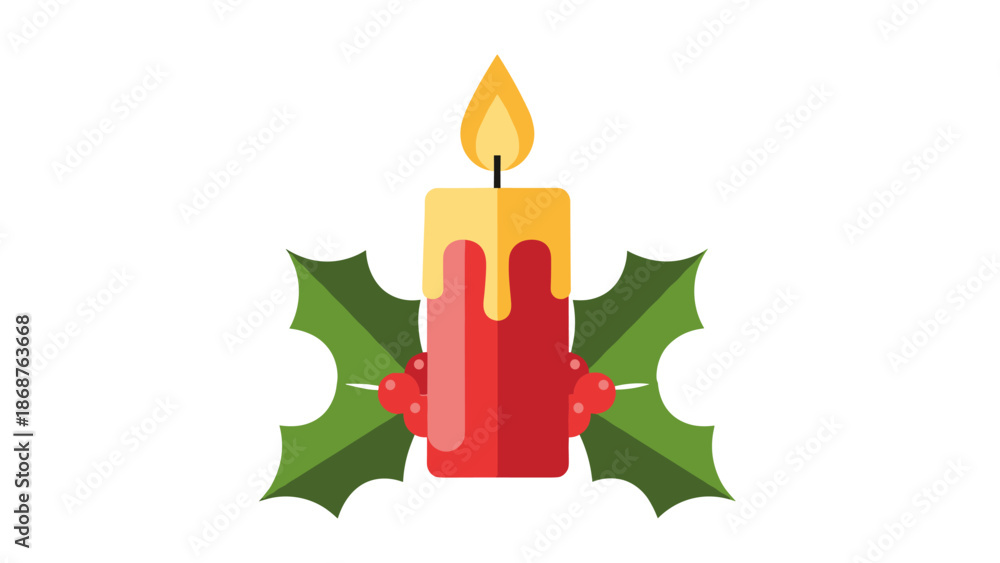 Obraz premium Festive Holiday Candle Decoration with Holly Berries, Illuminating Christmas Cheer and New Year Celebrations, Perfect for Festive Greetings, Seasonal Decorations, Winter Holiday