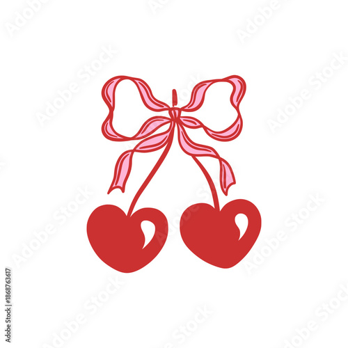 Charming vector illustration of two cherries tied together with a decorative ribbon bow. Hand drawn fruit. Coquette aesthetic. Perfect for romantic, sweet, and playful design themes.