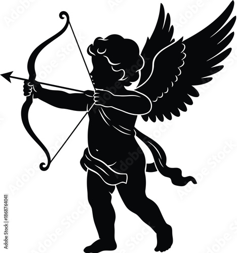 Black silhouette vector of Cupid with bow and arrow, symbolizing love, romance, and Valentine's Day
