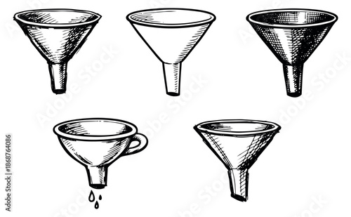 Hand drawn line art funnel set featuring various funnels including one with a handle and dripping for liquid transfer and filtration