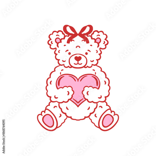 Teddy bear with bow holding a pink heart. Hand-drawn cute cartoon vector illustration with pink and red details. Valentine's Day and love gift concept. Design for greeting card, invitation, poster