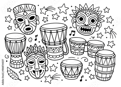 Hand drawn line art African masks and drums set featuring tribal masks and drums for a cultural celebration