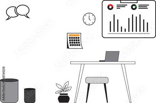 office desk with laptop vector line art. office business background design