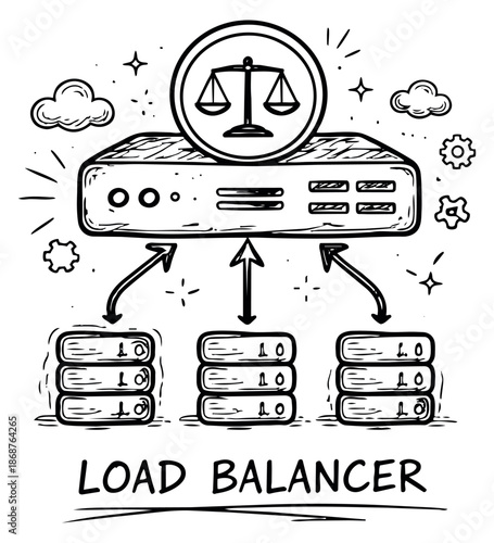 Hand drawn line art illustration of a load balancer depicting traffic distribution for network architecture