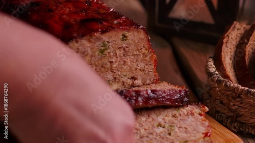 Closeup of placing a board with sliced meatloaf in tomato glaze. Juicy meat served on a rough wooden table. Rustic country style dinner atmosphere