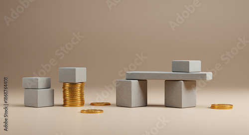 Stacked gold coins and concrete blocks balanced on beige background money desig