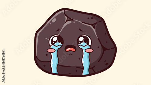 Sad cartoon rock crying with big tears in despair expressing sorrow and emotional pain, ideal for education, children's illustrations, mental health awareness, and expressing
