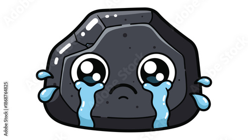 Cartoon crying rock evokes sadness and melancholy with its large, expressive eyes and teardrops, representing emotional vulnerability and serving as a symbolic representation of