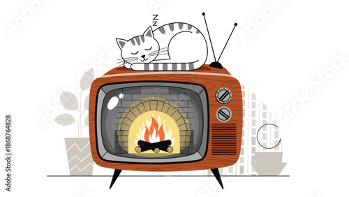 A cozy illustration of a sleeping cat on a vintage television with a fireplace display provides a warm, comforting atmosphere, ideal for home decor, relaxation, winter holidays,