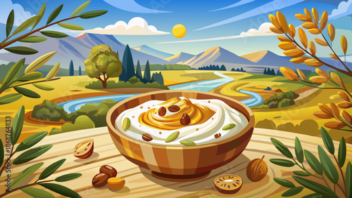 Very beautiful rustic bowl of Greek yogurt topped with golden honey and crunchy walnuts, placed on a wooden table with olive branches in a peaceful Mediterranean Greece orchard atmosphere.