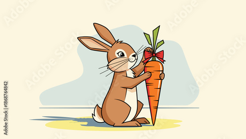 Cute cartoon bunny rabbit happily holding a large carrot with a red bow in a charming illustration style, ideal for children's books, springtime greetings, easter celebrations, educational resources,.