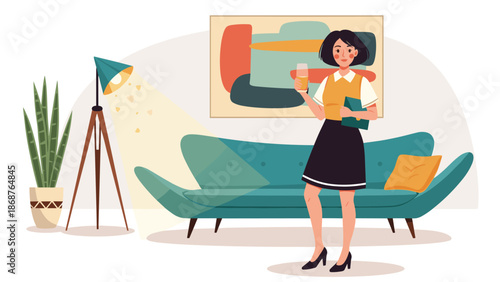 Stylish woman enjoying aperitif in modern living room with abstract art, plant, and designer lamp creating a sophisticated mid-century modern interior for home decor, lifestyle