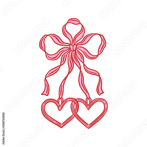 Two intertwined heart shapes hanging from a ribbon bow in pink and red. Hand drawn outline vector illustration. Love, romance, and Valentine's Day concept. Design for greeting card, invitation, poster
