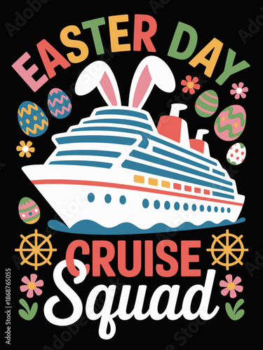A graphic design featuring a cruise ship decorated with Easter eggs and bunny ears. Bright colors highlight the festive spring theme.