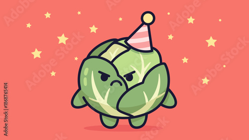 Grumpy Cartoon Brussels Sprout Character Wearing a Party Hat Celebrates an Unhappy Birthday, Against a Festive Background of Stars, Perfect for Children's Illustrations,