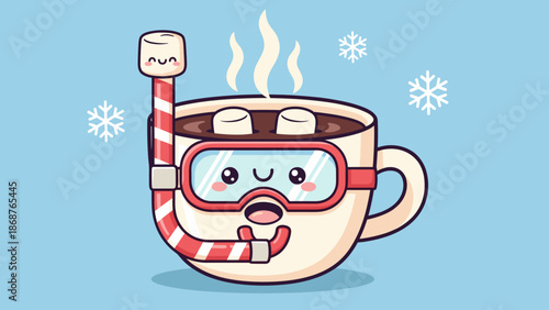 Cute Kawaii Hot Chocolate Mug Snorkeling in Winter Wonderland, a whimsical and charming illustration perfect for holiday greetings, social media, seasonal designs, adding festive
