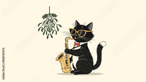 Cool black cat playing jazz saxophone music under mistletoe in festive Christmas holiday season cartoon illustration, evoking joyful celebrations, unique design, perfect for greeting cards, posters,.