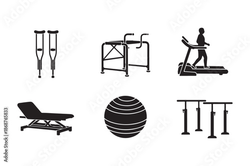 Physical Therapy and Rehabilitation Equipment Silhouette Icon Set