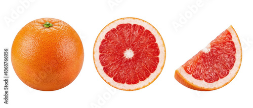 Whole, Halved, and Quartered Red Grapefruit Against a Deep Void