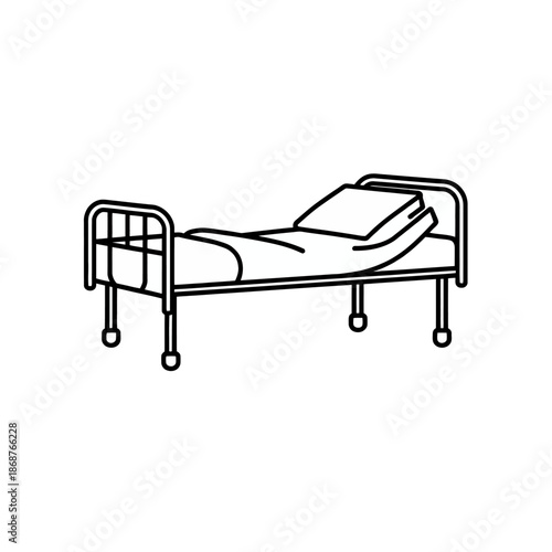 Line art illustration of a classic hospital bed, ready for a patient, symbolizing medical care, health recovery, and core equipment found in healthcare facilities, clinics, and emergency wards