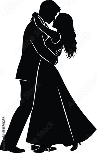 Black silhouette vector of elegant couple dancing in formal attire, expressing romance, grace, and emotional connection