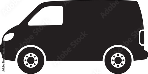 Black and white outline of a van with detailed wheels and windows also transparent background
