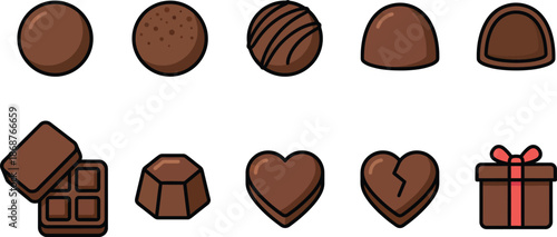 Chocolate candy icon set with truffles, pralines, chocolate bar, heart chocolates and gift box in flat style