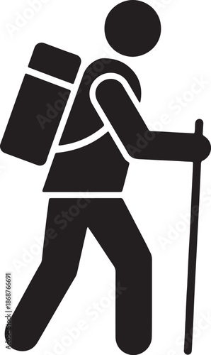 Black silhouette of a person hiking with a backpack and walking stick also transparent background