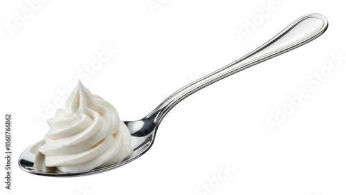 Luxurious Dollop of Whipped Cream Elegantly Presented on a Polished Metal Spoon