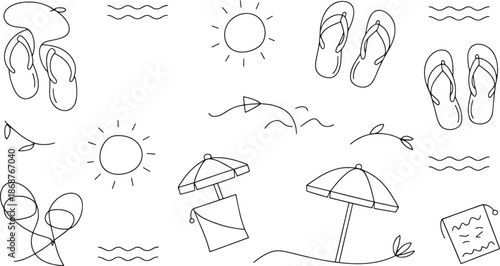 Simple line of beach and including sandals, sun, waves, and umbrella